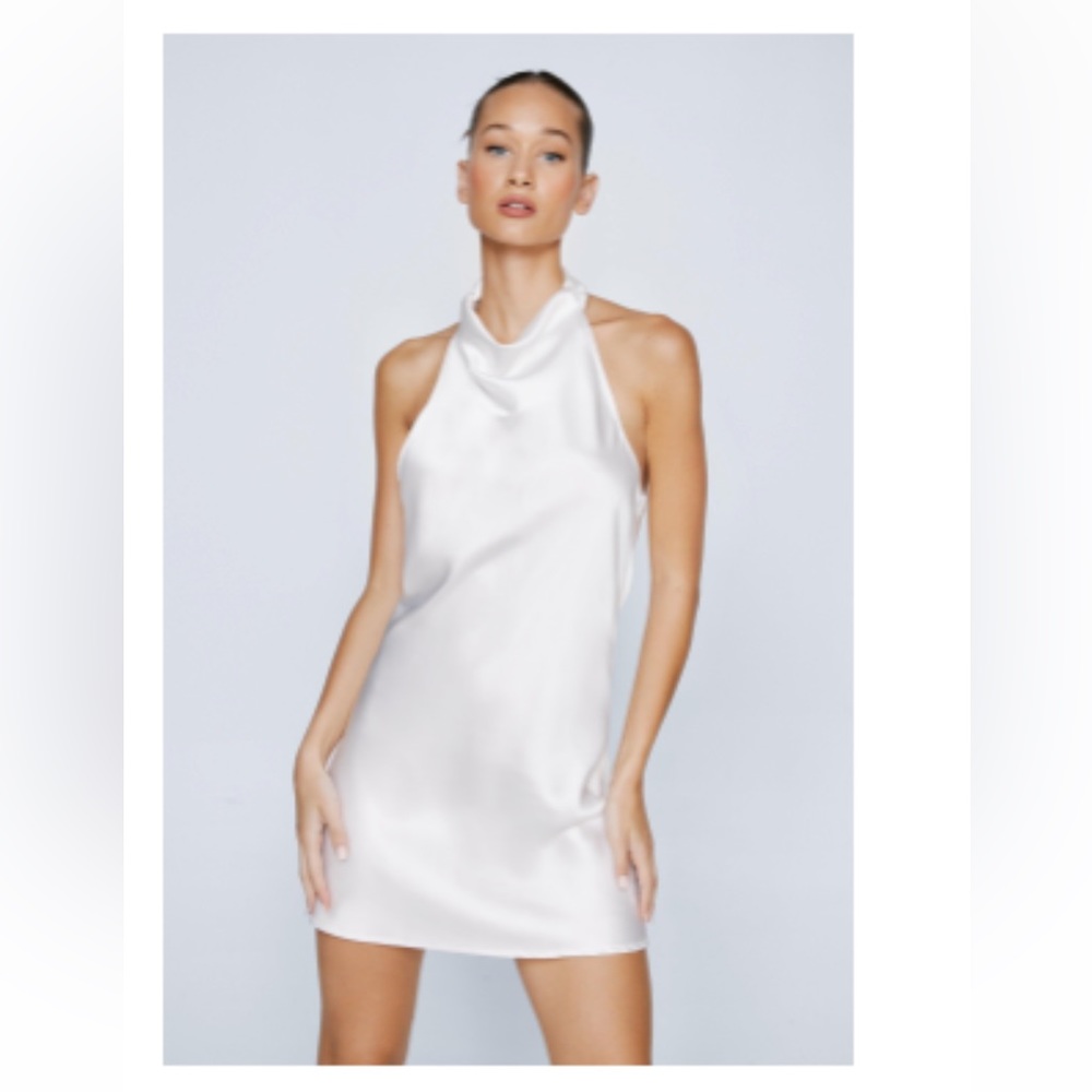Petite Satin Cowl Halter Neck Mini Dress